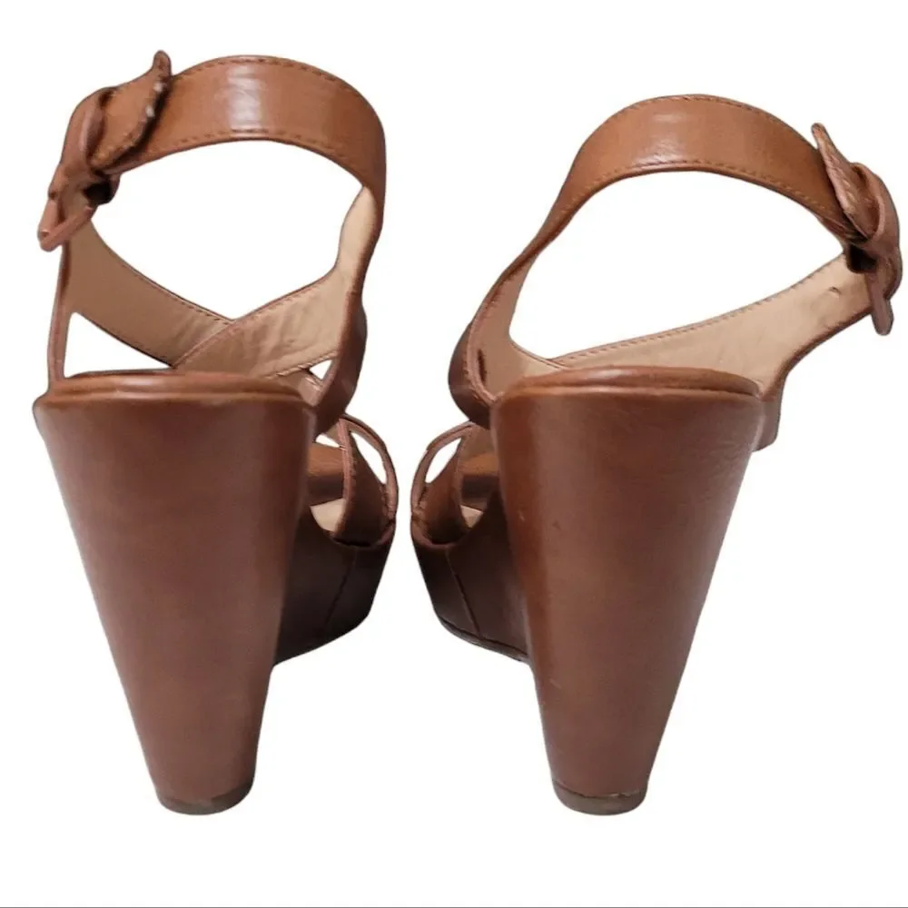 Cognac Leather Wedge Criss Cross Strap Sandal